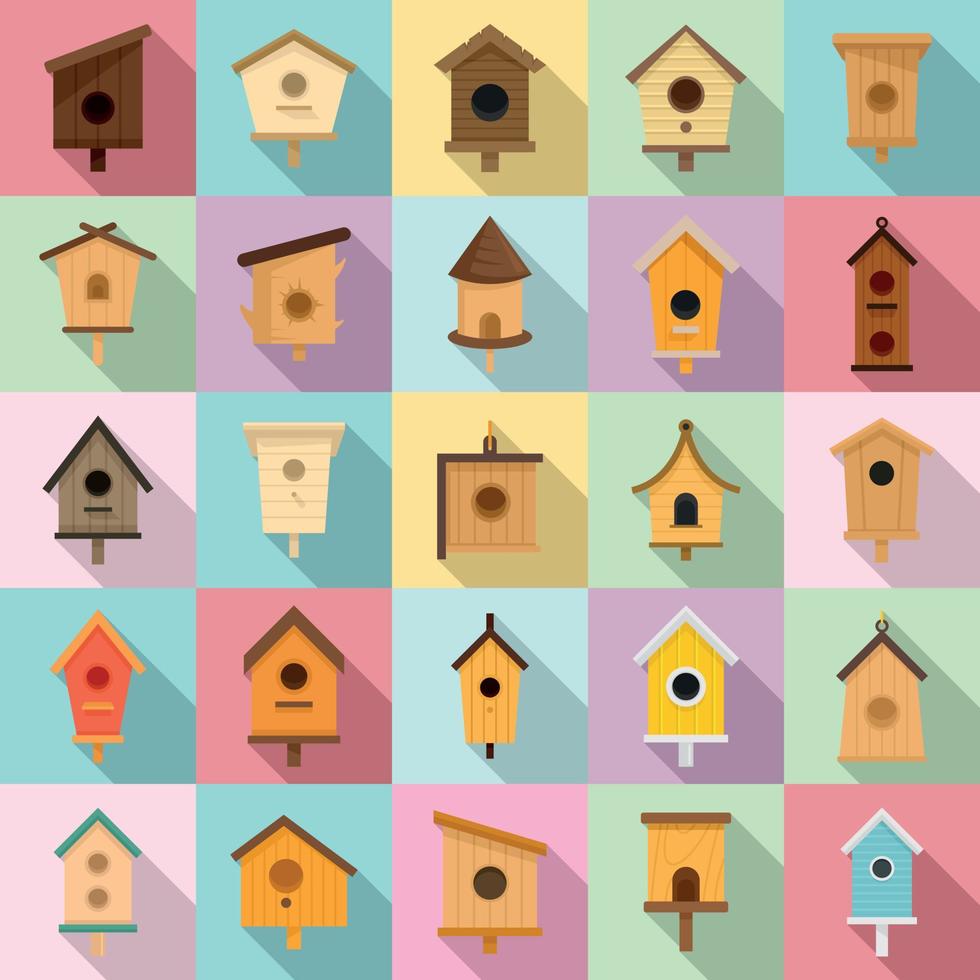 Bird house icons set, flat style vector