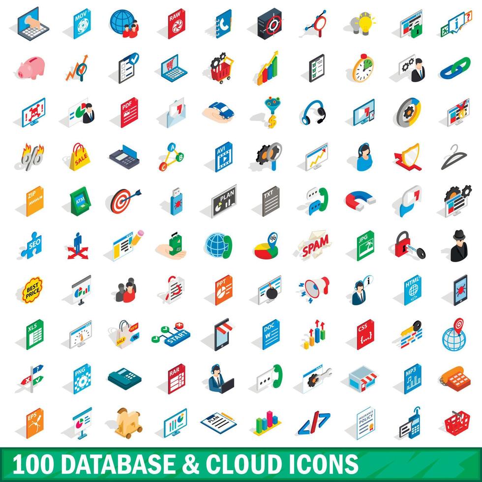 100 conjunto de iconos de base de datos y nube, estilo isométrico vector
