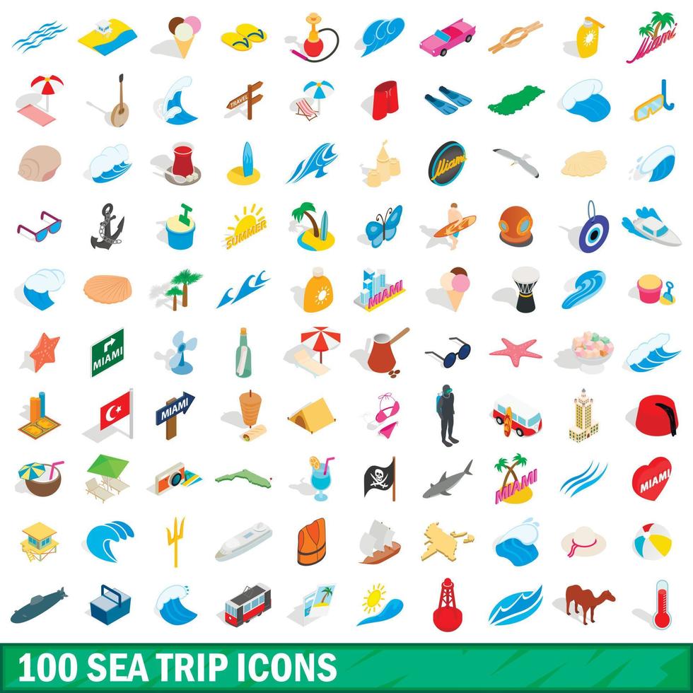 100 sea trip icons set, isometric 3d style vector