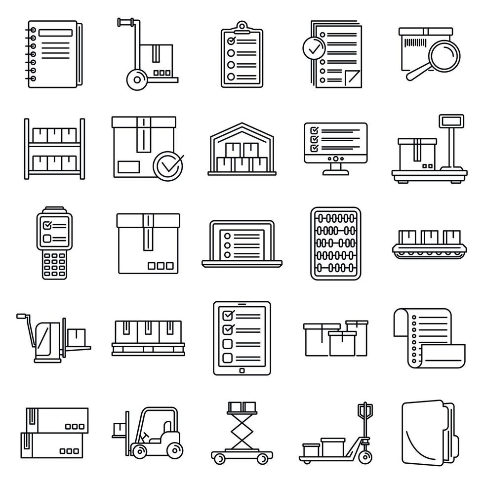 conjunto de iconos de inventario de trabajo, estilo de esquema vector