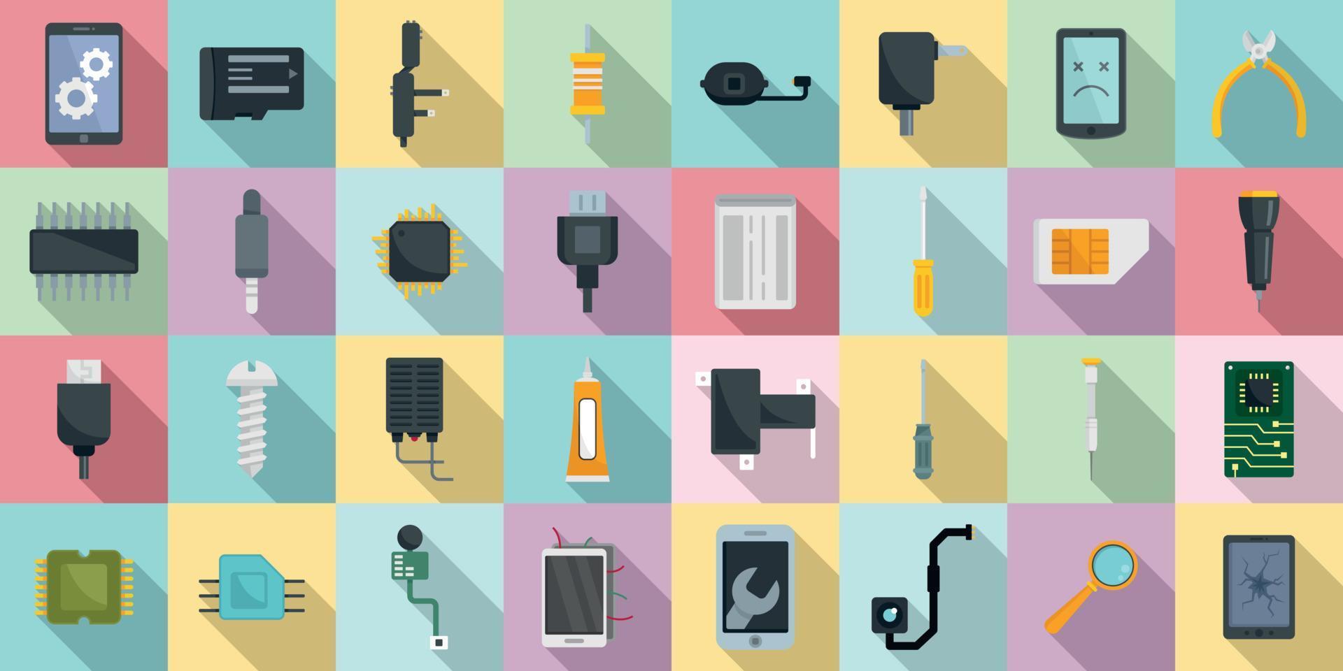 Mobile phone repair icons set, flat style vector