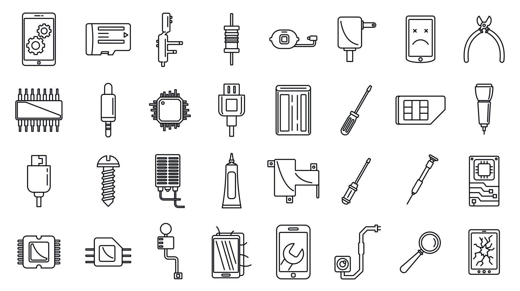 conjunto de iconos de mantenimiento de teléfonos móviles, estilo de esquema vector