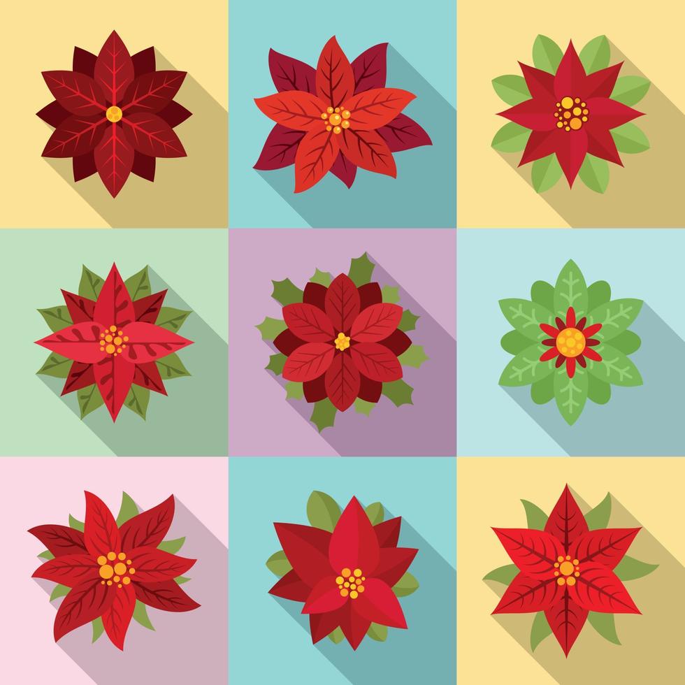 Poinsettia icons set, flat style vector