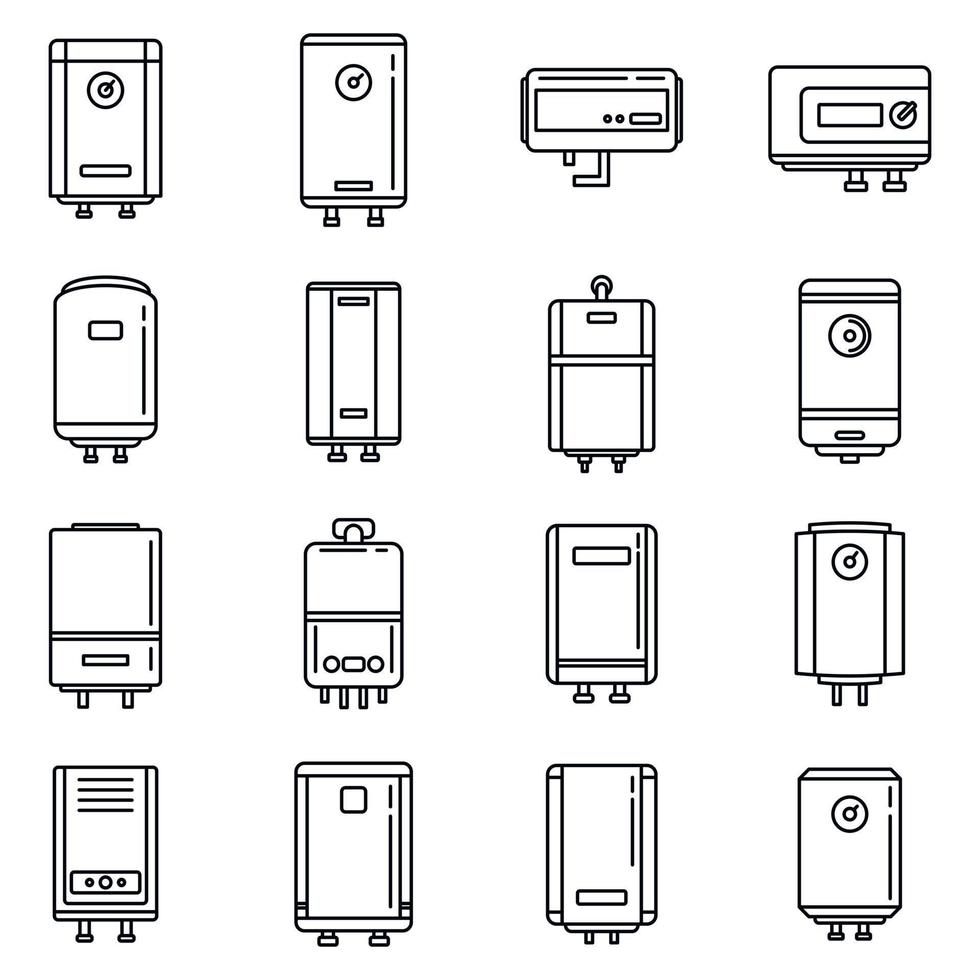 conjunto de iconos de caldera de agua, estilo de esquema vector