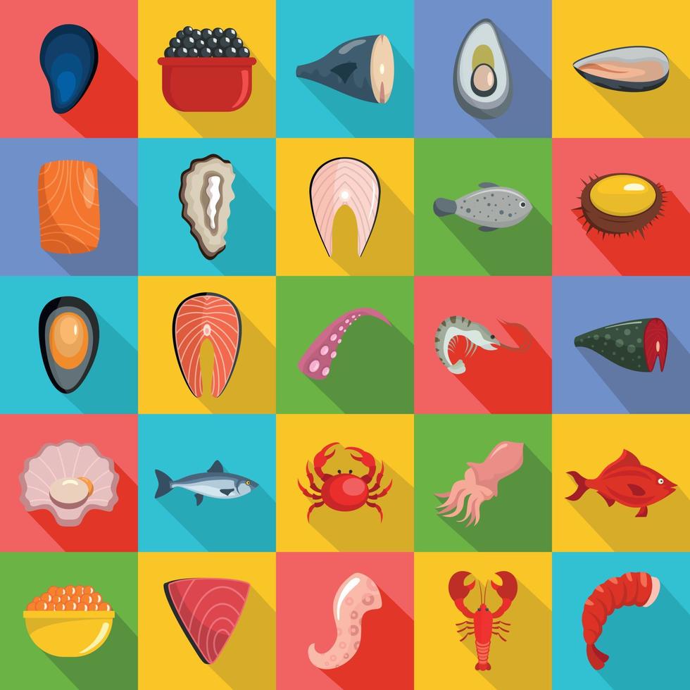 Seafood fresh fish food icons set, flat style vector