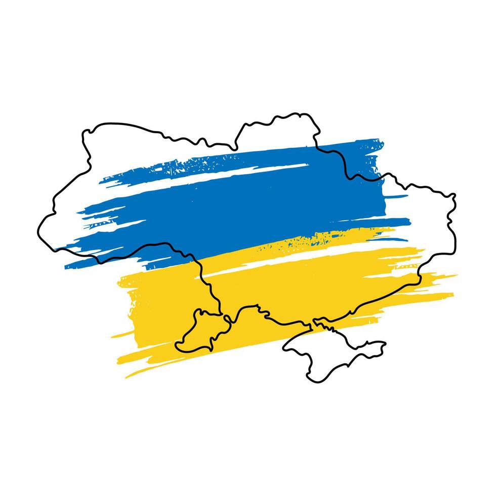 WLine art map of Ukraine with blue and yellow brush stroke. Save Ukraine. Design element for sticker, banner, poster, card. vector