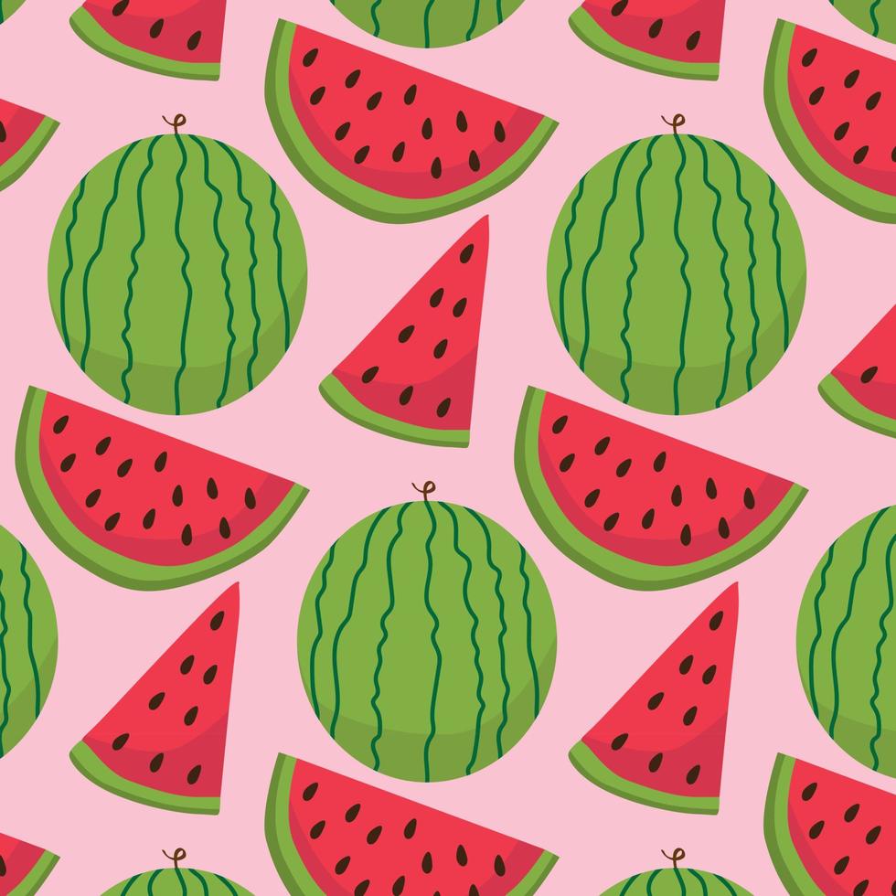 Seamless pattern with hand drawn colorful watermelons on a pink background. Doodle, simple illustration. It can be used for decoration of textile, paper and other surfaces. vector