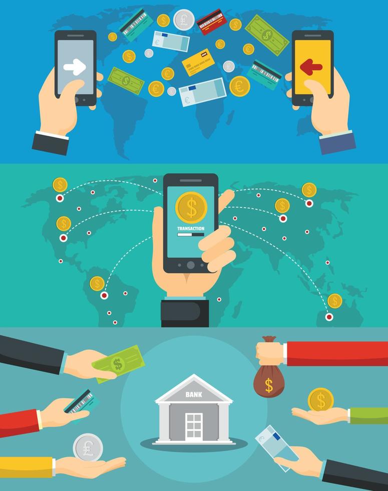 Money transaction banner concept set, flat style vector