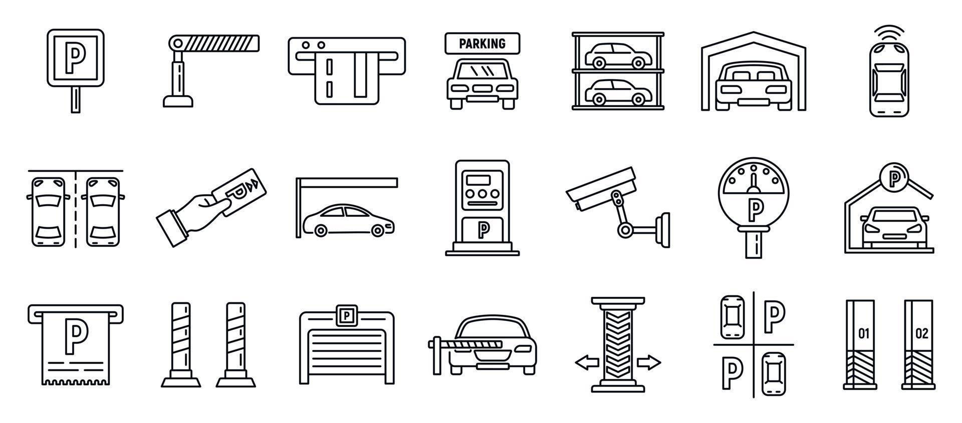 Underground parking garage icons set, outline style vector