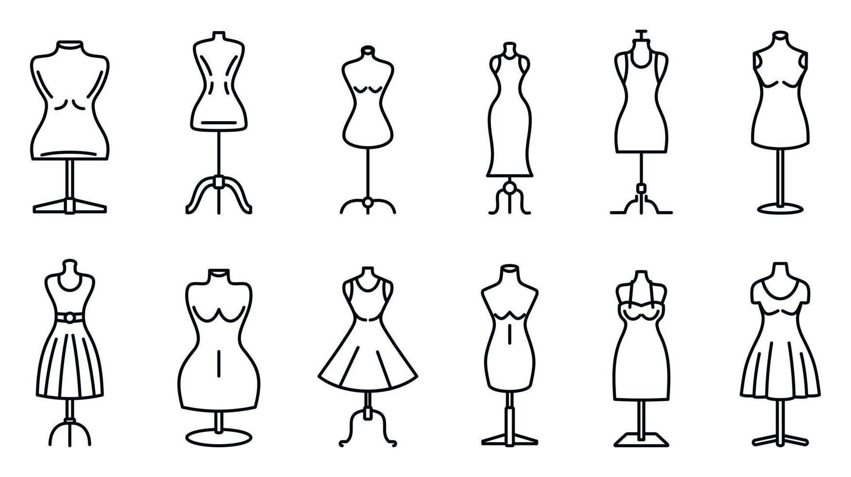 conjunto de iconos de taller de maniquí, estilo de esquema vector