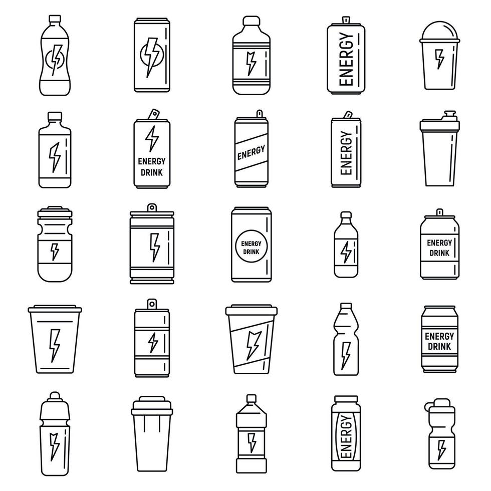 Impulsar el conjunto de iconos de bebidas energéticas, el estilo de contorno vector