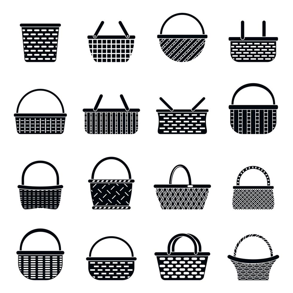 Wicker basket icons set, simple style vector