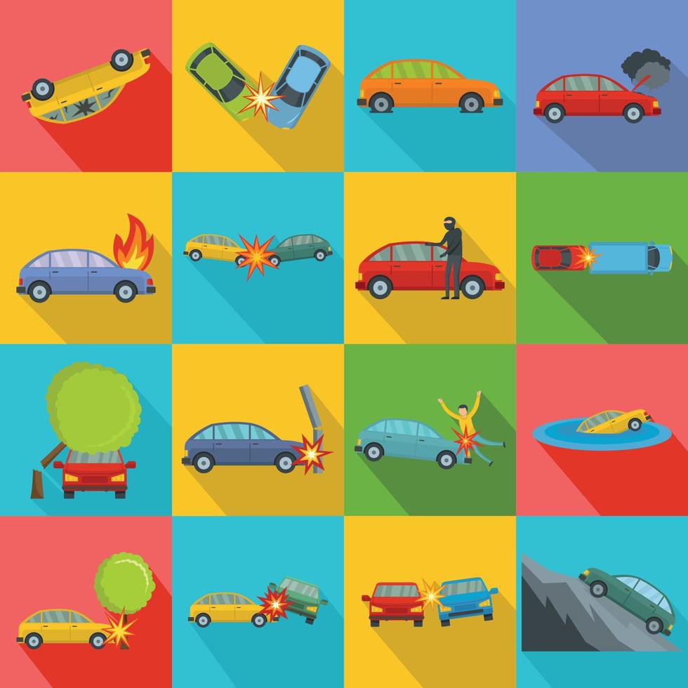 Accident car crash case icons set, flat style vector