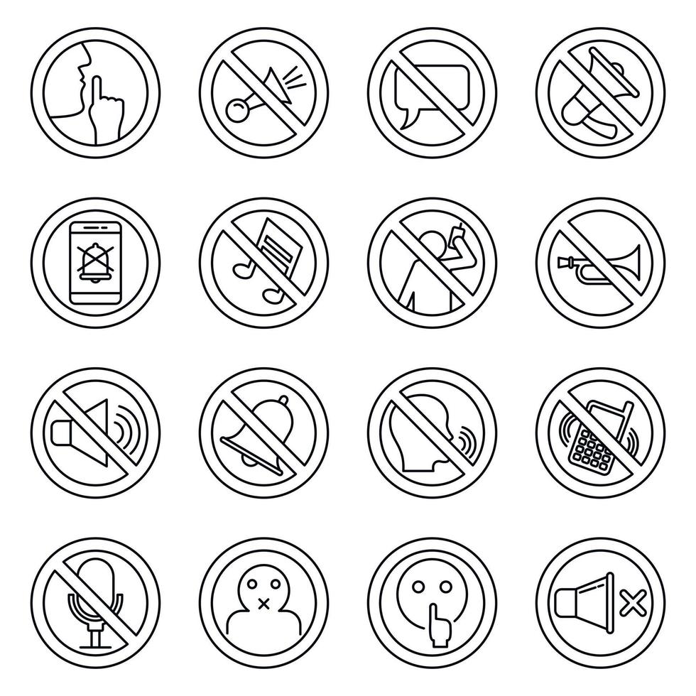 Quiet silence icons set, outline style vector