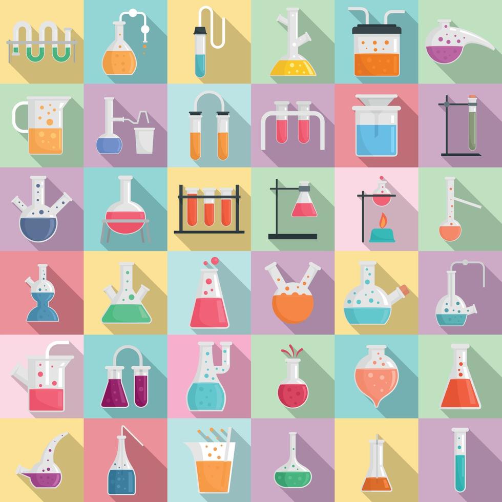 Chemical laboratory experiment icons set, flat style vector