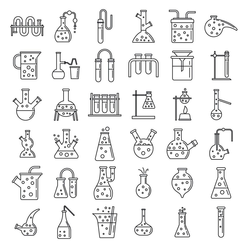 School chemical laboratory experiment icons set, outline style vector