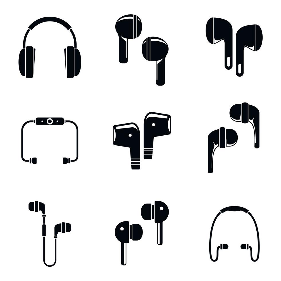 Modern wireless earbuds icons set, simple style vector