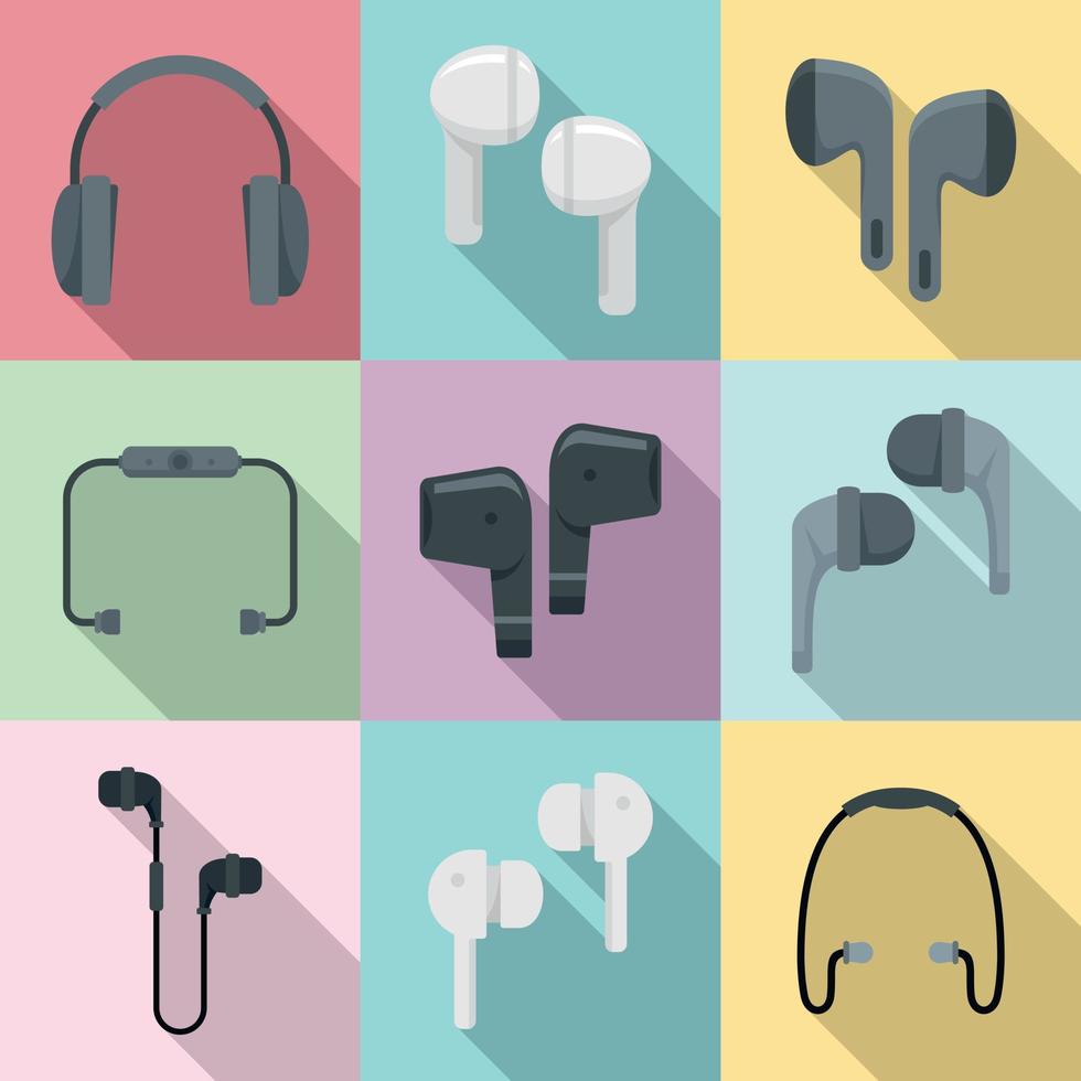 Wireless earbuds icons set, flat style vector