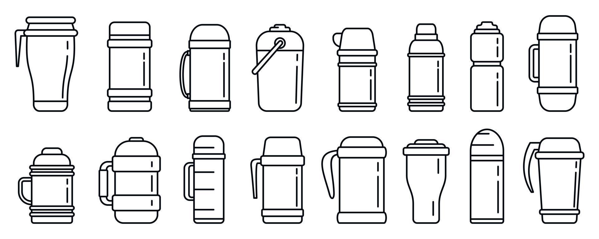 Modern vacuum insulated water bottle icons set, outline style vector