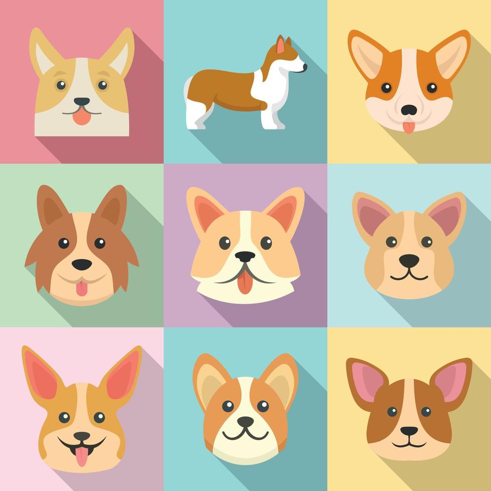 Corgi dogs icons set, flat style vector