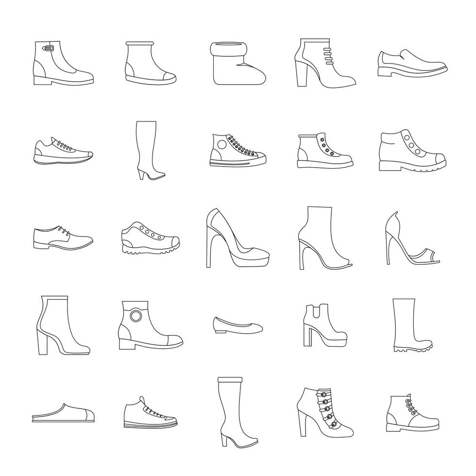 conjunto de iconos de zapatos de calzado, estilo de contorno vector