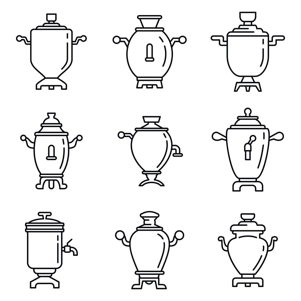 conjunto de iconos de samovar ruso, estilo de esquema vector