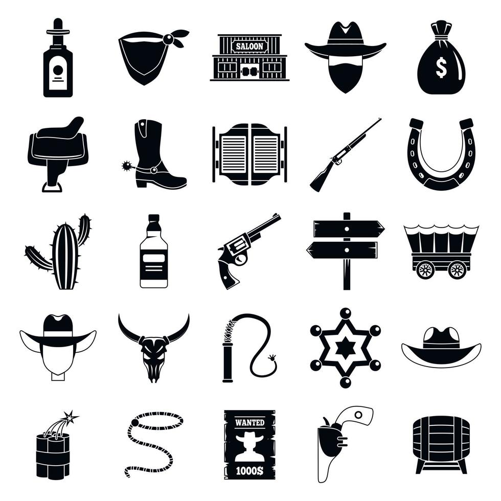 Western cowboy icons set, simple style vector