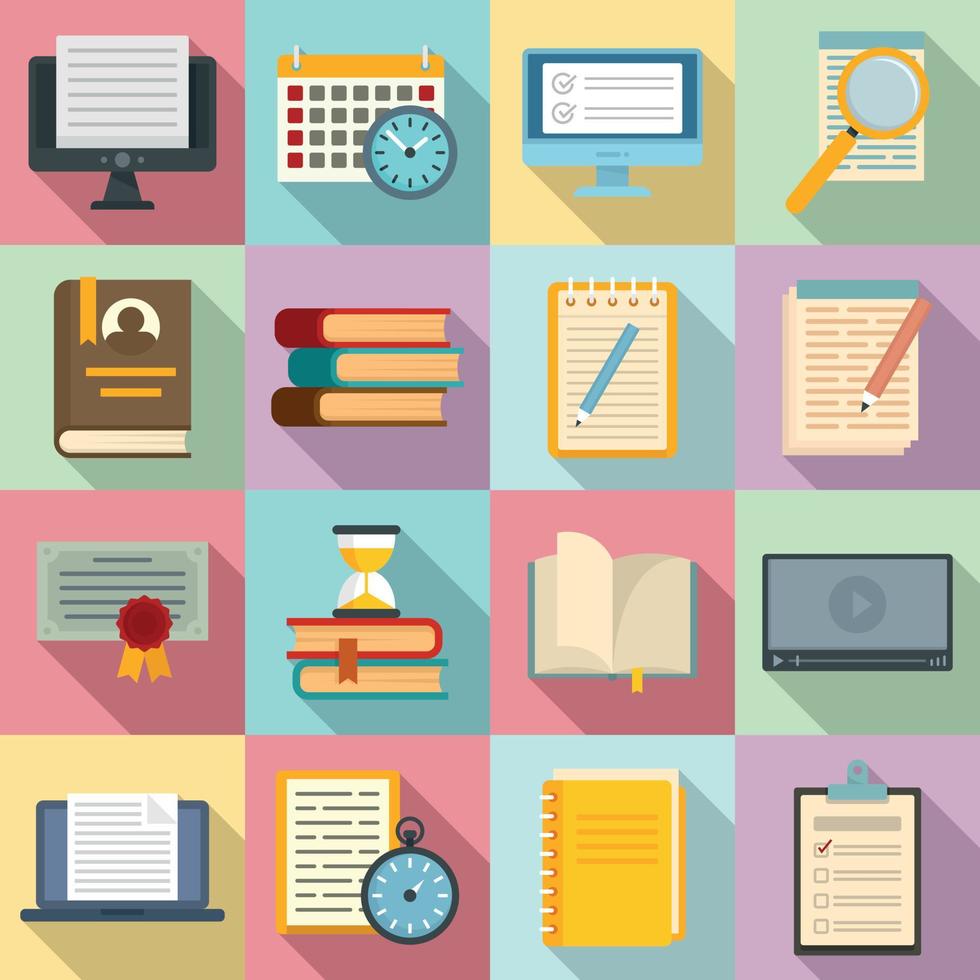 Preparation for exams icons set, flat style vector