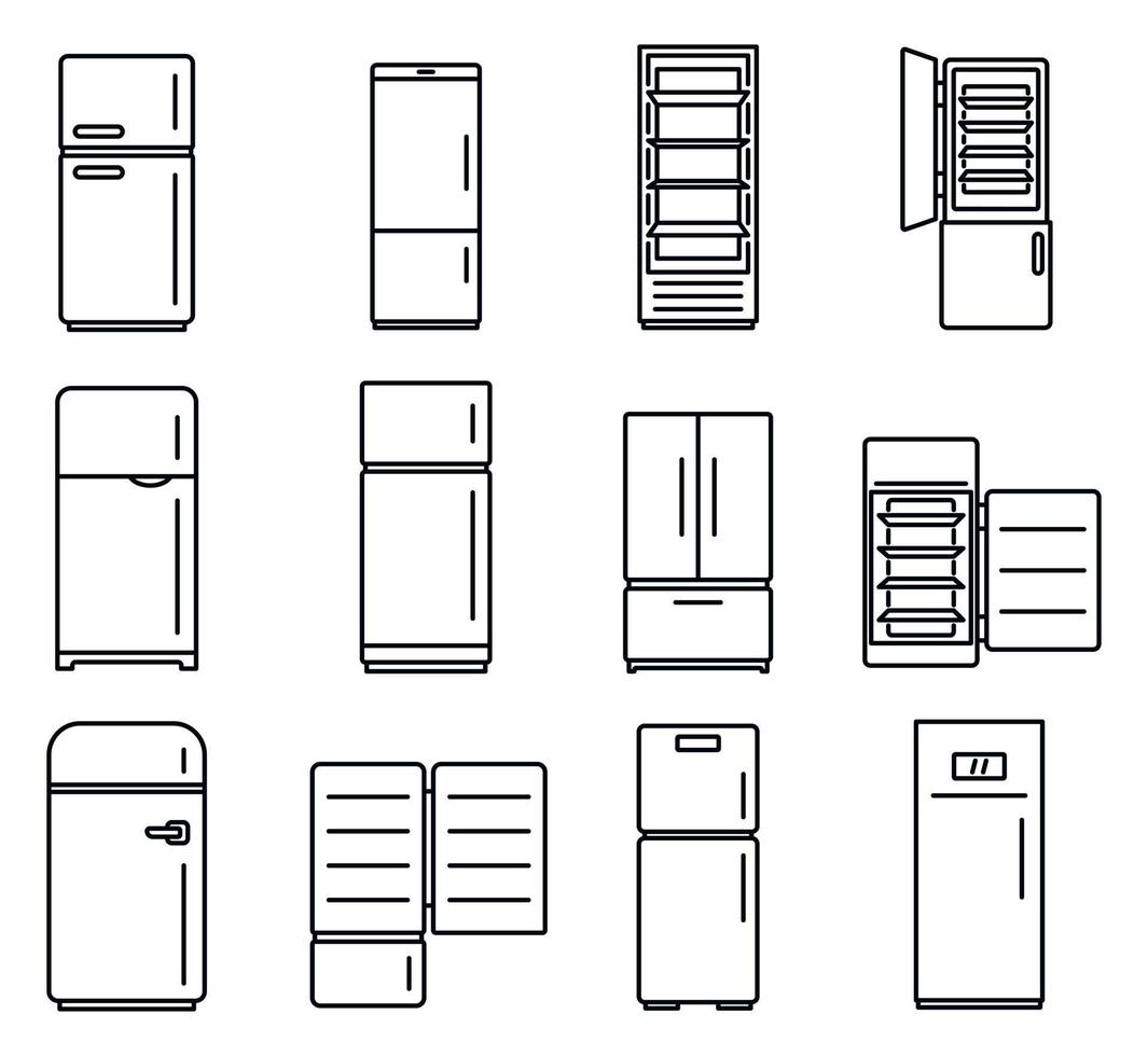 Modern fridge icons set, outline style vector