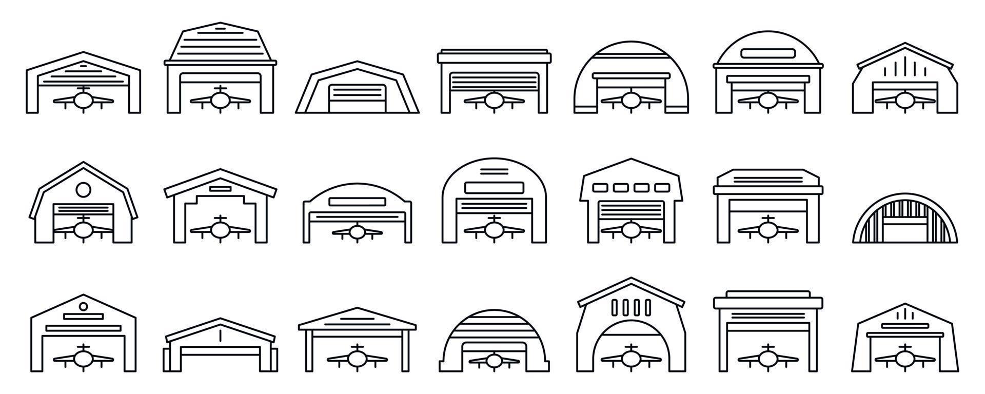 Airport hangar icons set, outline style vector