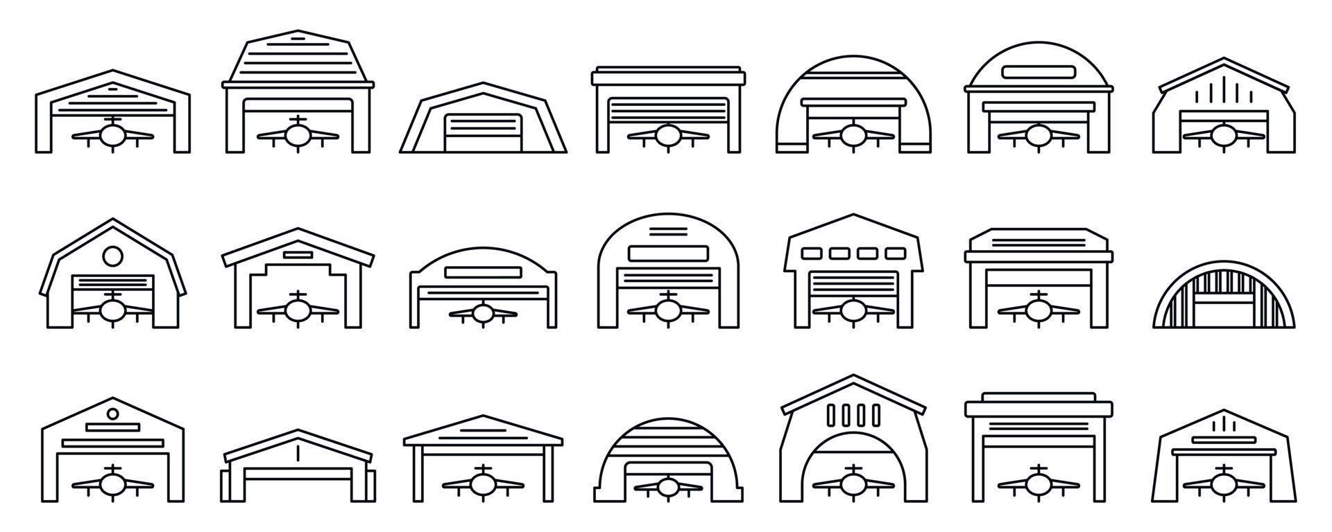 conjunto de iconos de hangar del aeropuerto, estilo de contorno vector