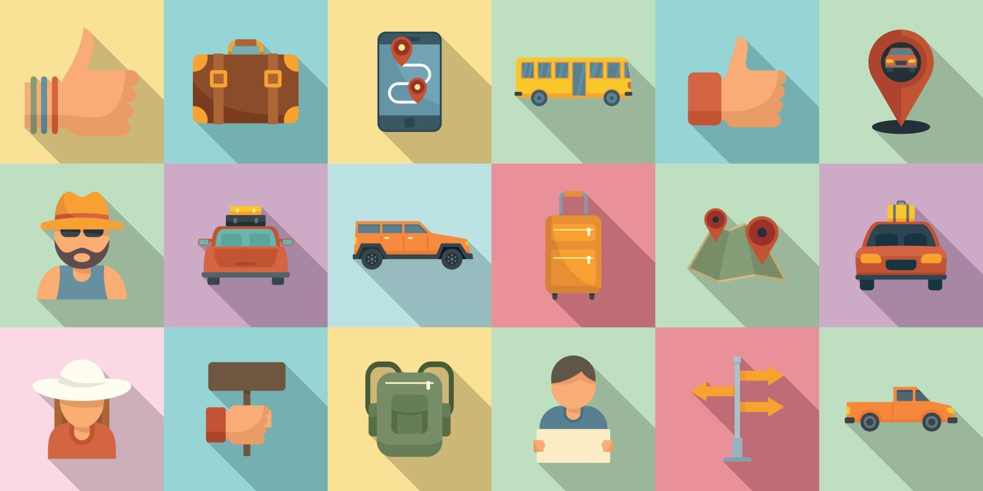 Hitchhiking icons set, flat style vector