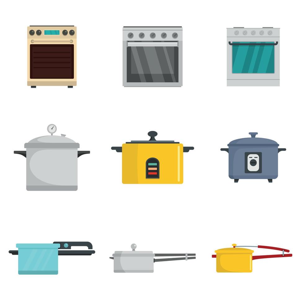 Cooker oven stove pan burner icons set flat style vector