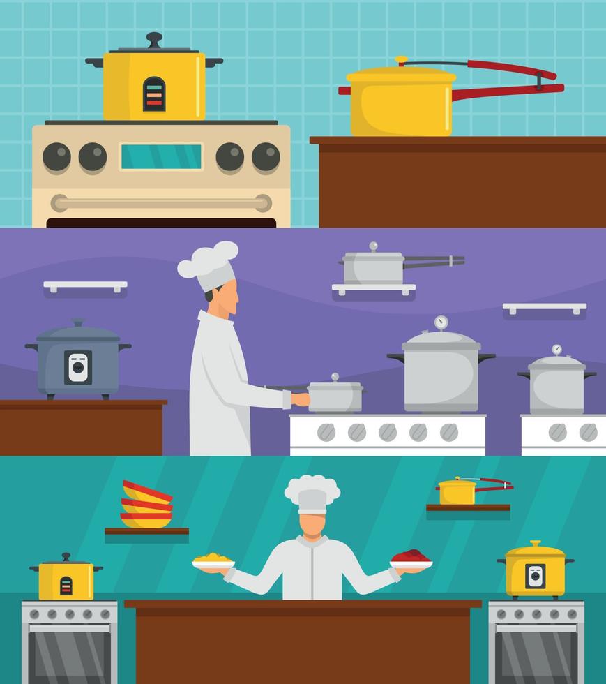 cocina chef horno banner concepto conjunto, estilo plano vector