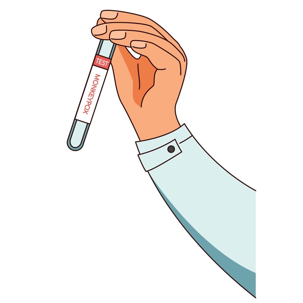 Illustration representing a hand holding a test tube of monkeypox Virus examination vector