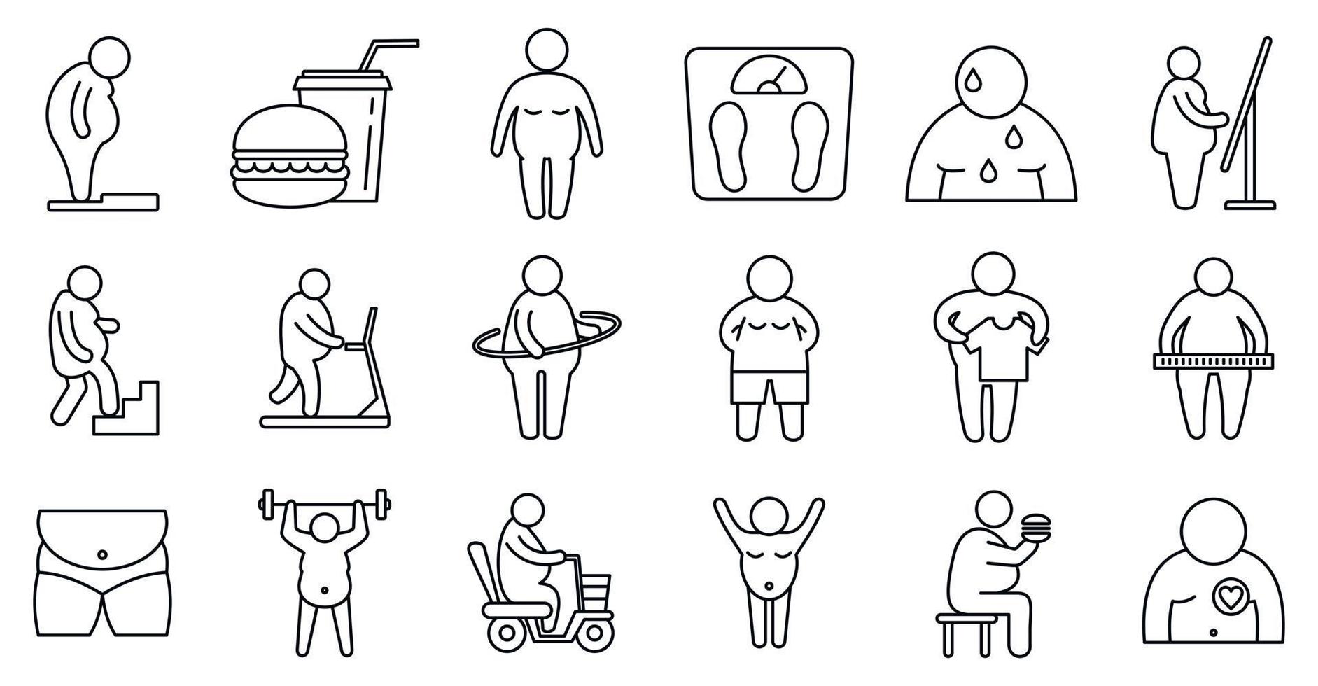 Overweight people icons set, outline style vector