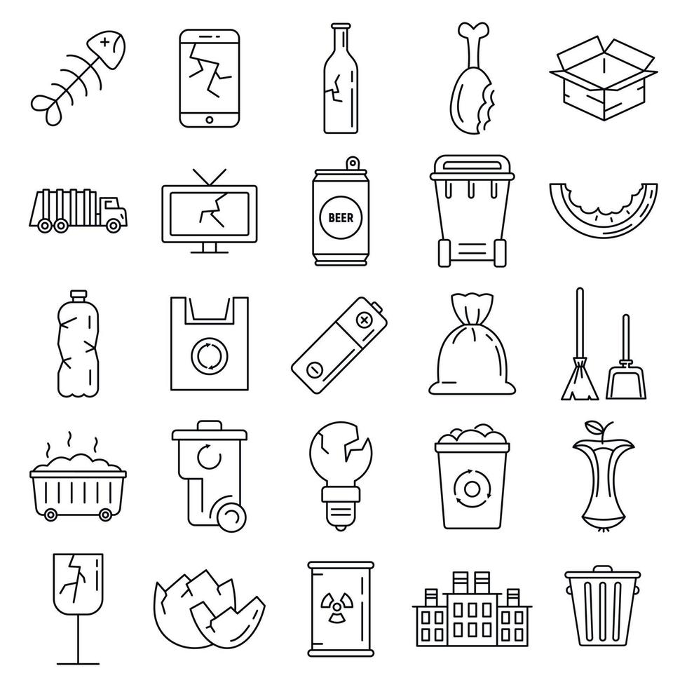 basura, basura, iconos, conjunto, contorno, estilo vector