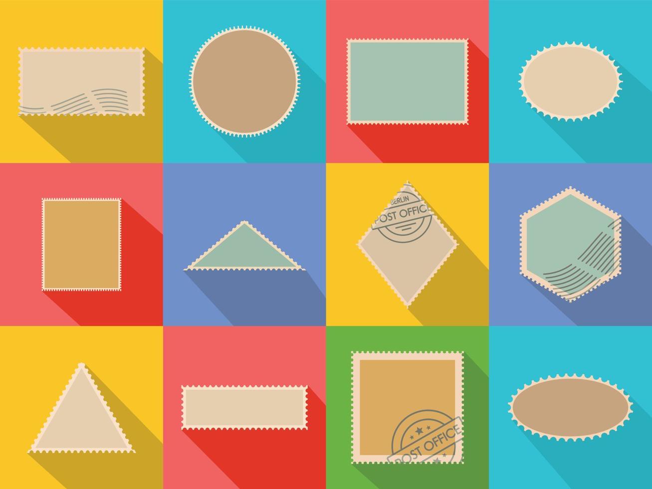 Postage stamp icons set, flat style vector