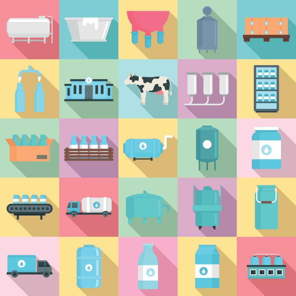 Milk factory icons set, flat style vector