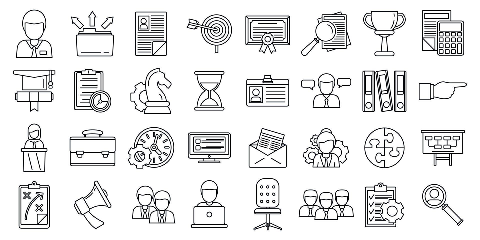 conjunto de iconos de empleados de habilidades de gestión, estilo de esquema vector
