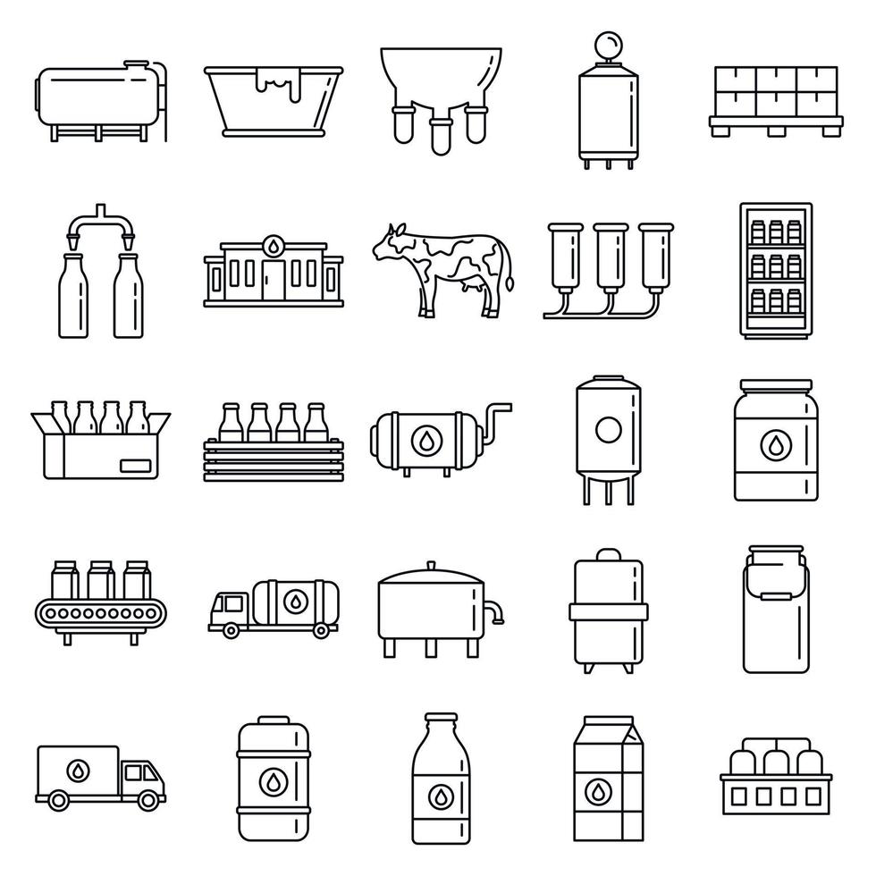 Industry milk factory icons set, outline style vector