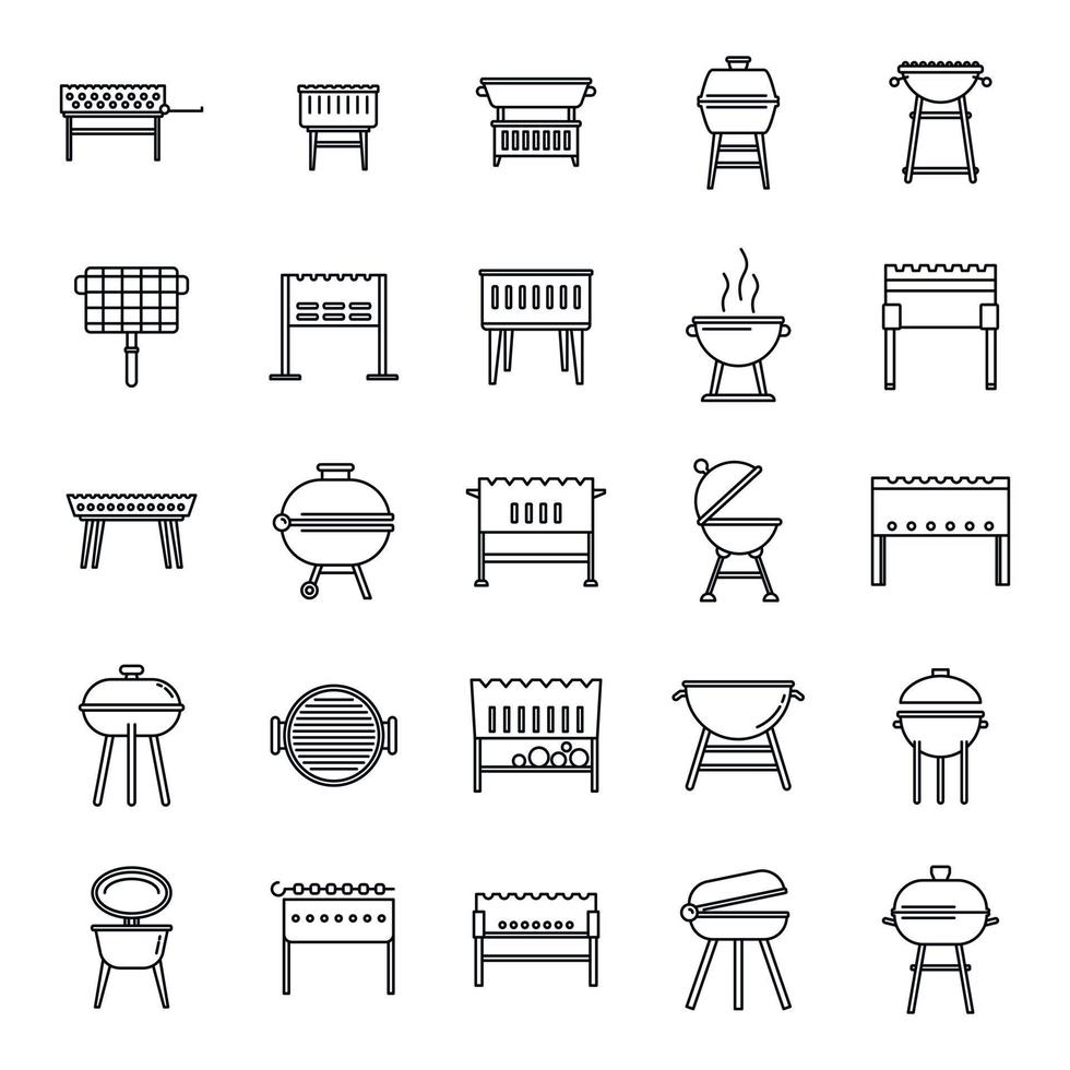 Bbq brazier icons set, outline style vector