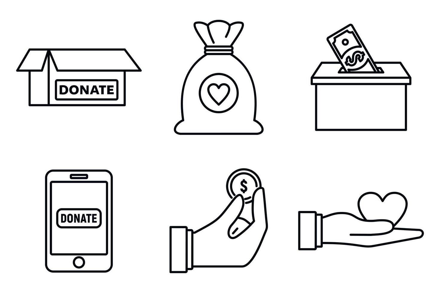 Charity donations icons set, outline style vector