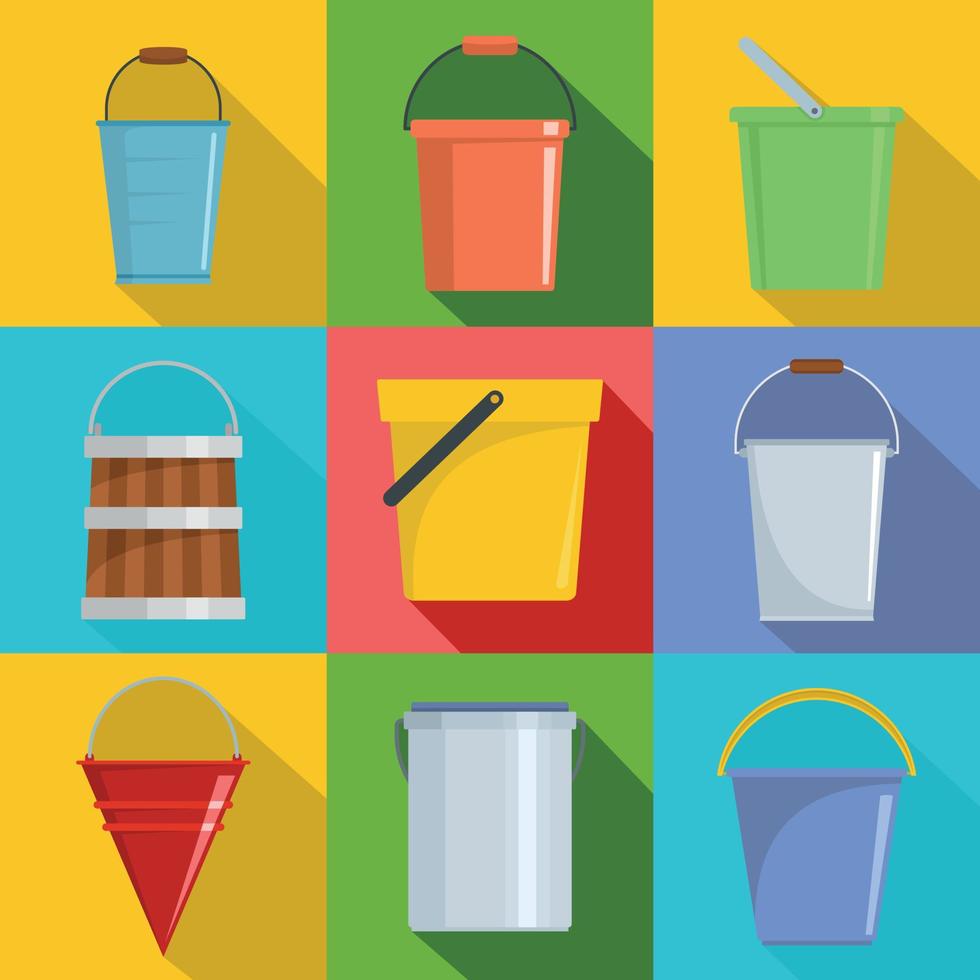 Bucket types container icons set, flat style vector