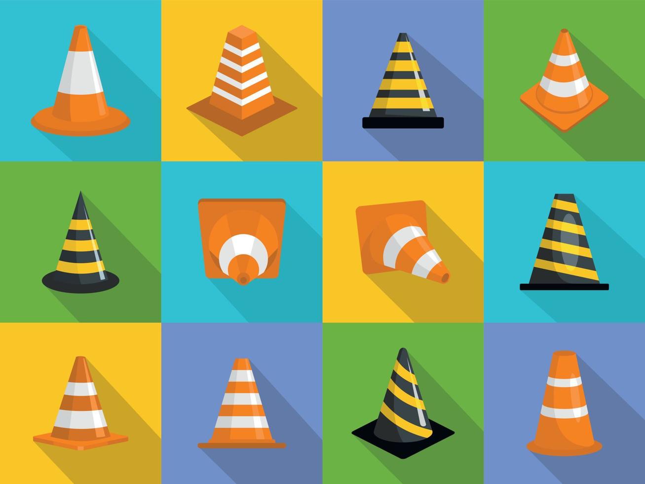 Traffic cone icons set, flat style vector
