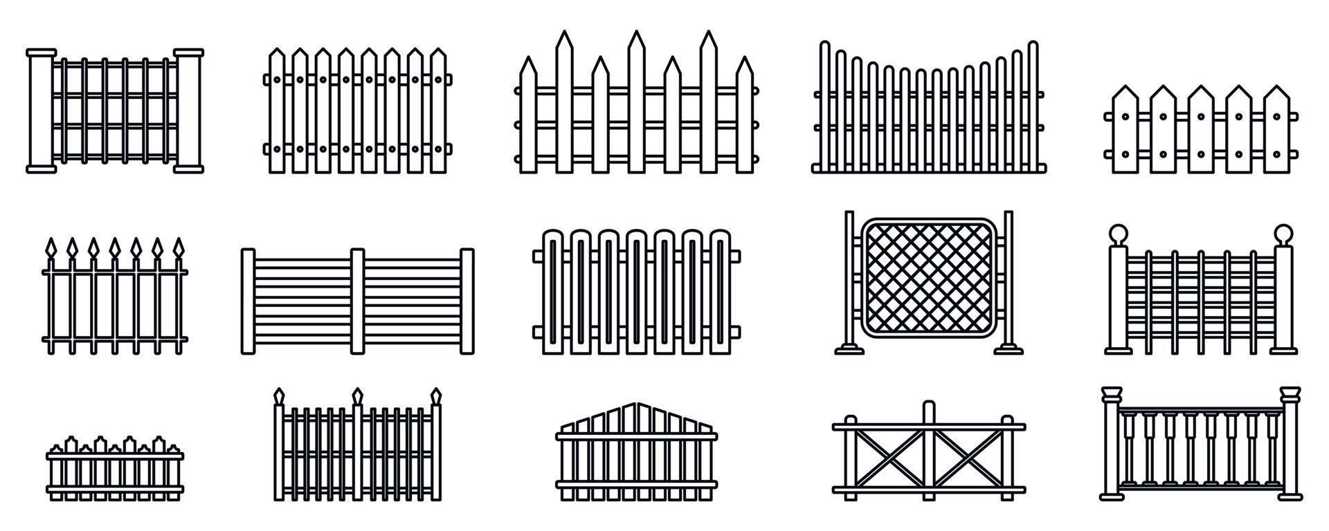 Conjunto de iconos de valla de jardín, estilo de esquema vector