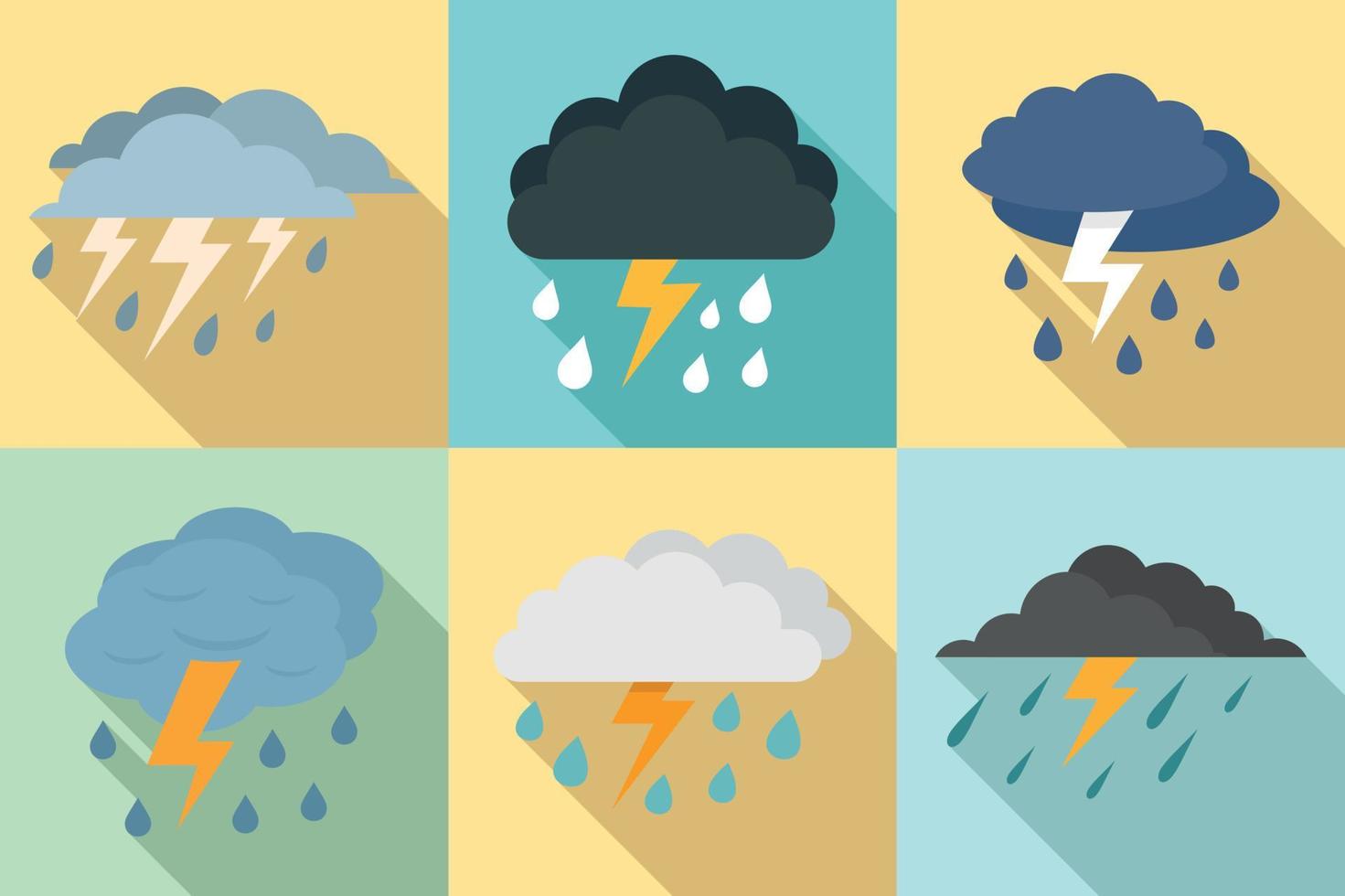 conjunto de iconos de tormenta, estilo plano vector