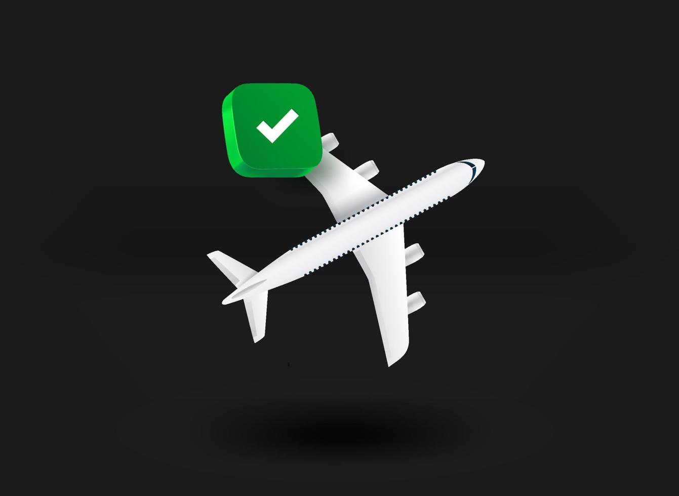 avión blanco con icono de marca de verificación. ilustración vectorial 3d vector