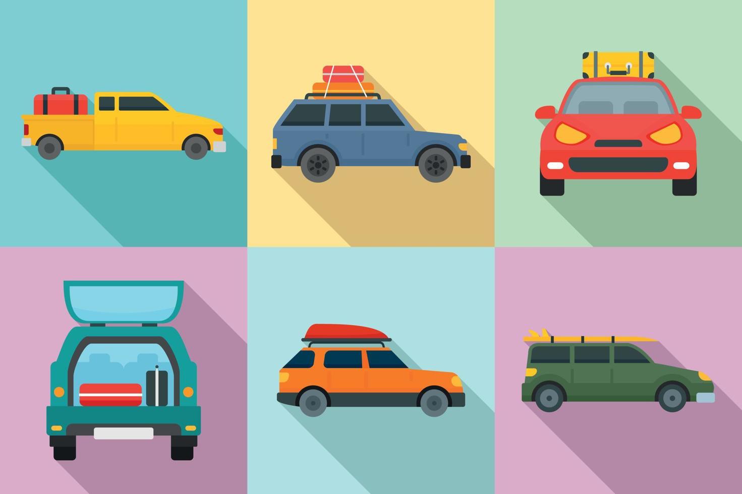 viaje en conjunto de iconos de coche, estilo plano vector