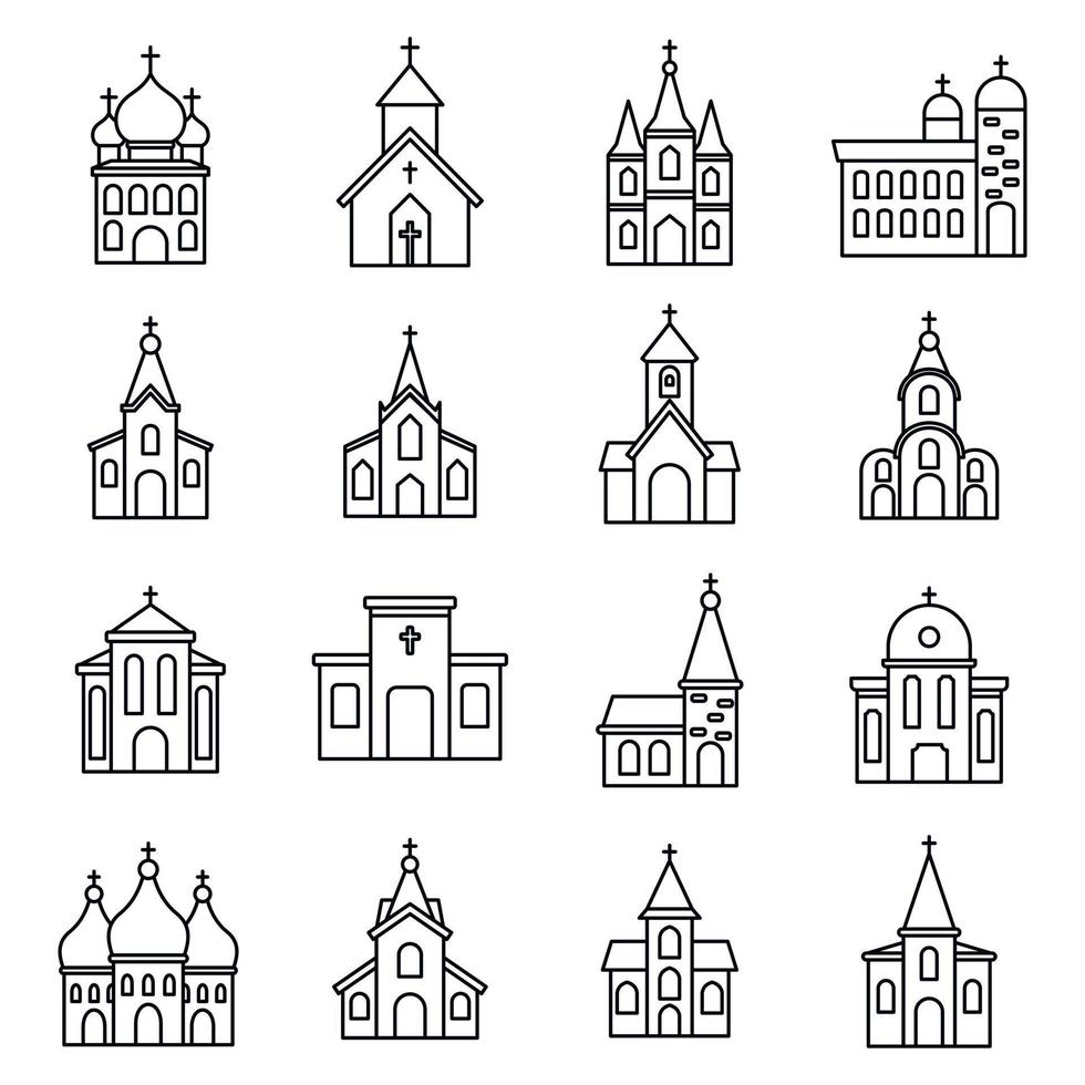 conjunto de iconos de la iglesia religiosa, estilo de contorno vector